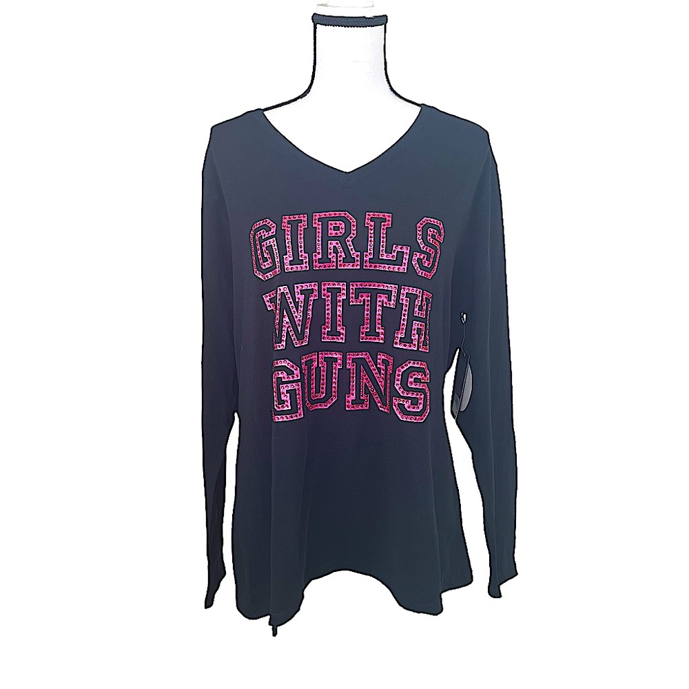 NWT Girls with Guns Black & Pink Long Sleeve V-Neck Tee Plus Size 2X